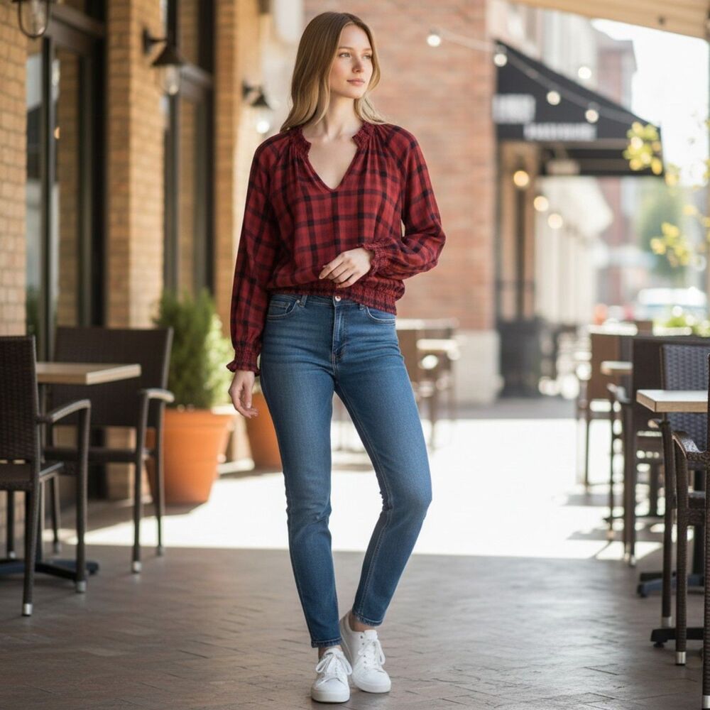 Cloth & Stone Anthropologie Buffalo Check Plaid V Neck Smocked Crop Top Blouse M